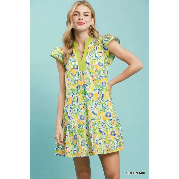 Umgee Dresses & Skirts - Umgee Floral Flutter Sleeve Tiered Mini Dress - Green Mix - Small